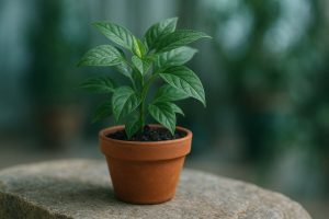 Tanaman hijau dalam pot terracotta dengan tanah lembap dan daun segar setelah disiram