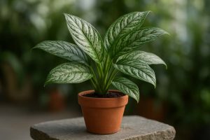 Aglonema commutatum dalam pot di amben windowsil dengan daun hijau segar