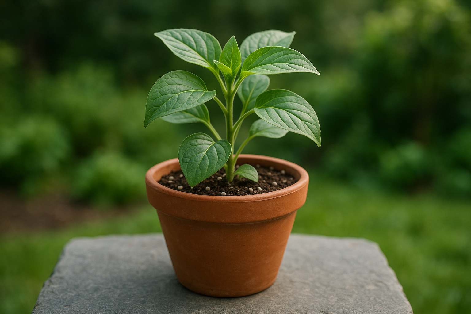 Tanaman daun sehat dalam pot dengan permukaan tanah dan butiran pupuk terlihat jelas
