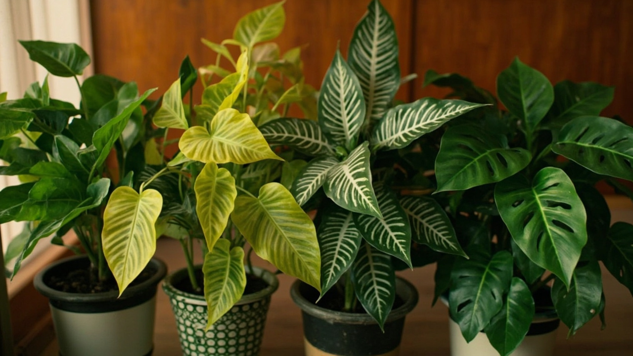 Empat genus Araceae yang sering rancu: Philodendron, Pothos, Scindapsus, dan Monstera juvenile ditampilkan berdampingan untuk membandingkan morfologi daun dan akar aerial.