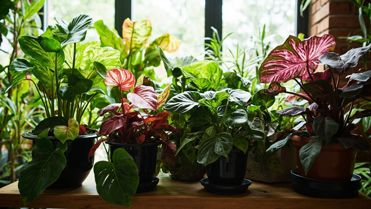 Philodendron pink princess dengan variegata merah muda di atas pot keramik