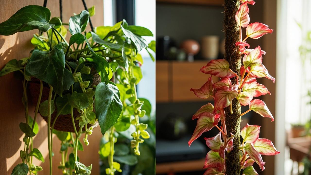 Perbandingan dua habitus Philodendron: trailing (heartleaf) di pot gantung dinding vs climber (pink princess) di tiang moss.