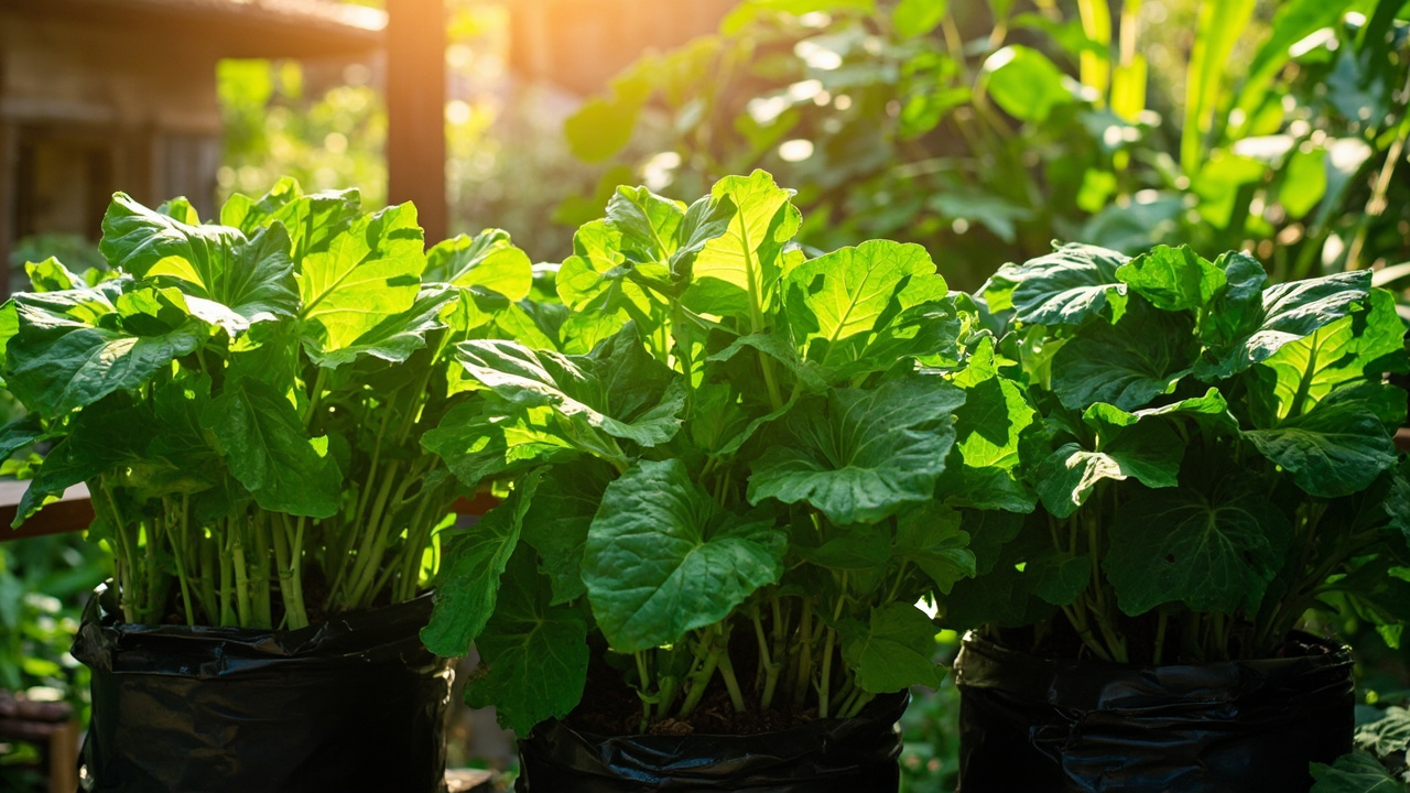 Sayur daun di polybag: kangkung, bayam, dan selada di teras rumah