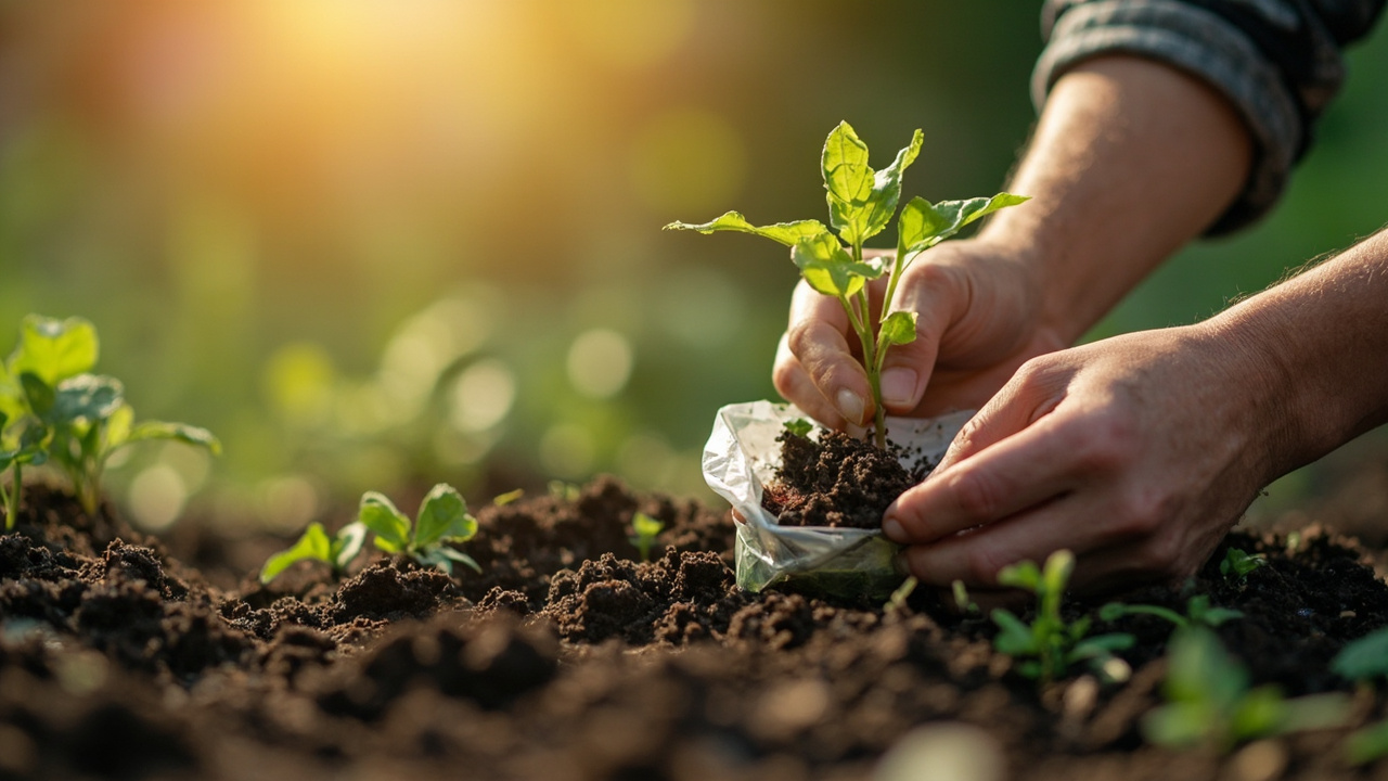 Tangan tukang kebun Indonesia menanam bibit ke polybag