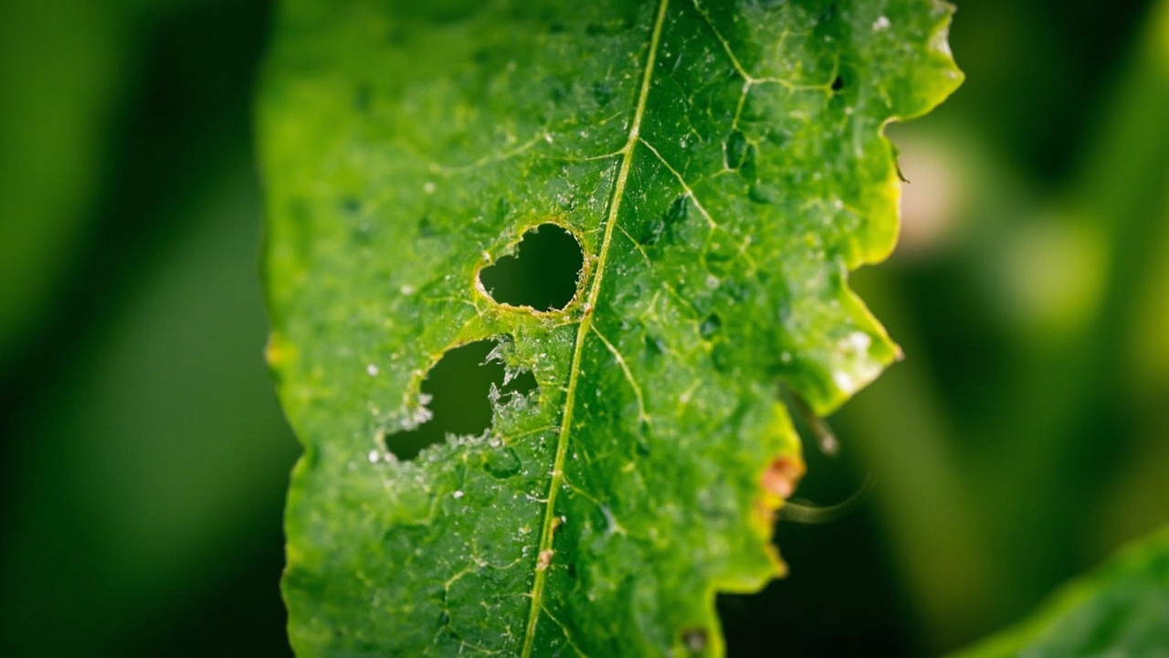 Daun tanaman dengan kerusakan akibat hama