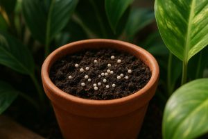 Pupuk NPK untuk tanaman hias dalam pot terracotta dengan media tanam gelap