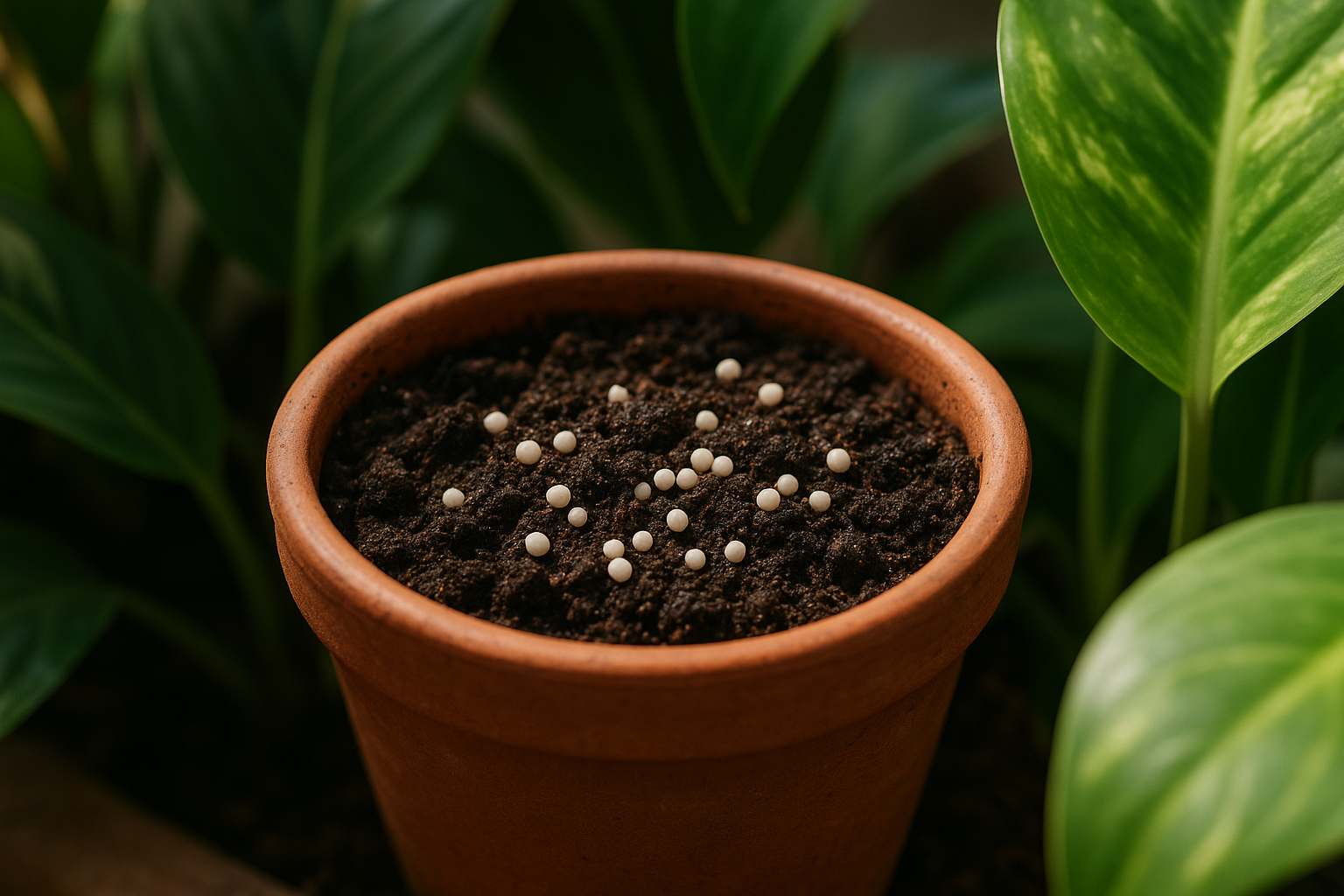 Pupuk NPK untuk tanaman hias dalam pot terracotta dengan media tanam gelap