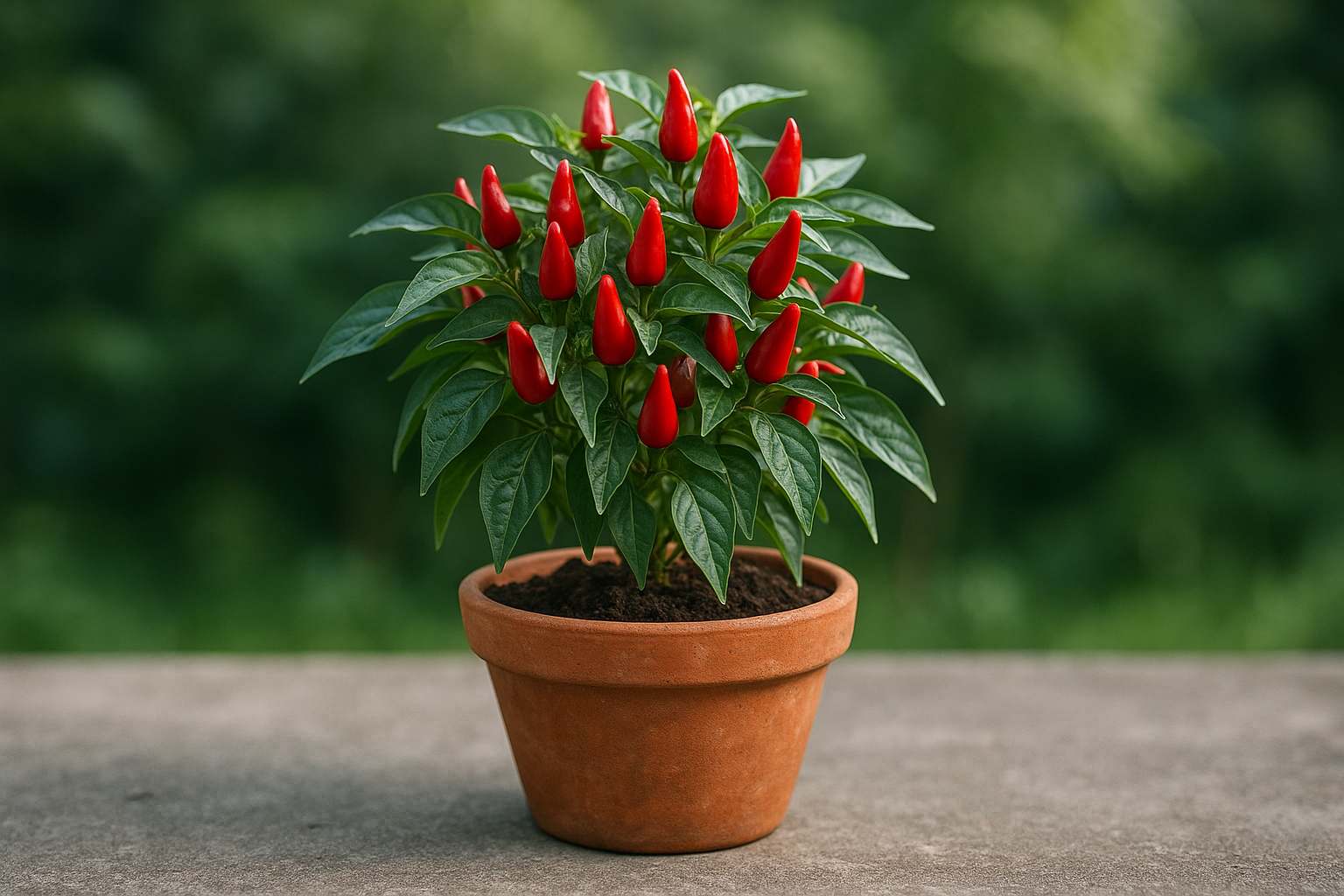 Tanaman buah cepat berbuah cabai merah dalam pot terracotta dengan buah matang dan daun sehat
