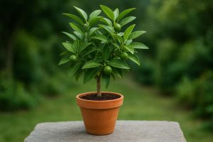 Tanaman buah tabulampot jeruk dalam pot terracotta dengan buah hijau pada sinar daylight alami