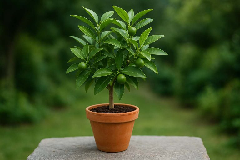 Tanaman buah tabulampot jeruk dalam pot terracotta dengan buah hijau pada sinar daylight alami
