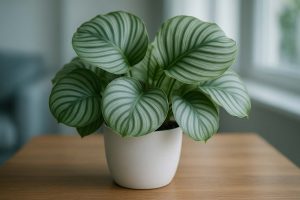 Calathea orbifolia dengan daun bulat bergaris silver di pot putih di meja dekat jendela terang