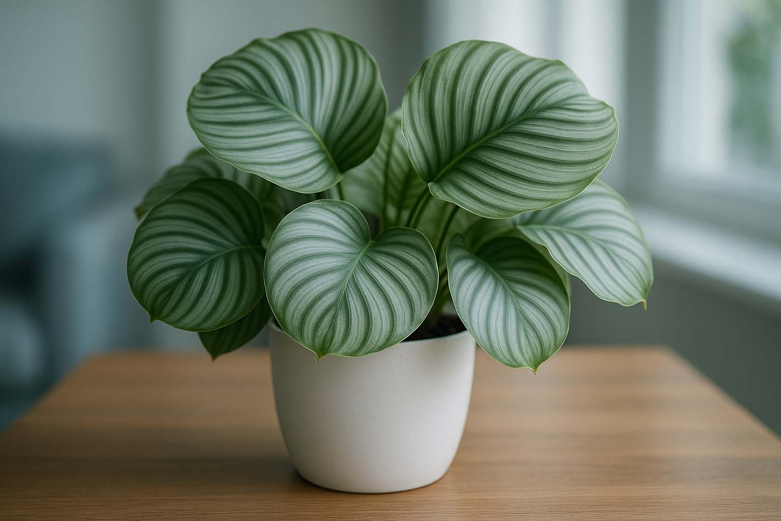 Calathea orbifolia dengan daun bulat bergaris silver di pot putih di meja dekat jendela terang