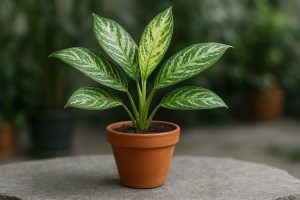 Tanaman hias tahan naungan aglaonema berdaun variegata dalam pot terracotta di area teduh