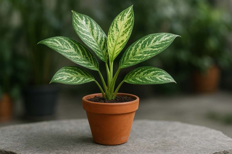 Tanaman hias tahan naungan aglaonema berdaun variegata dalam pot terracotta di area teduh