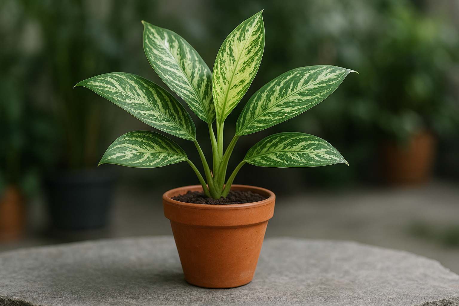 Tanaman hias tahan naungan aglaonema berdaun variegata dalam pot terracotta di area teduh