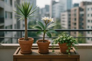 Balkon apartemen dengan deretan pot tanaman Yucca, Plumeria dan Hedera helix di atas wooden planter box