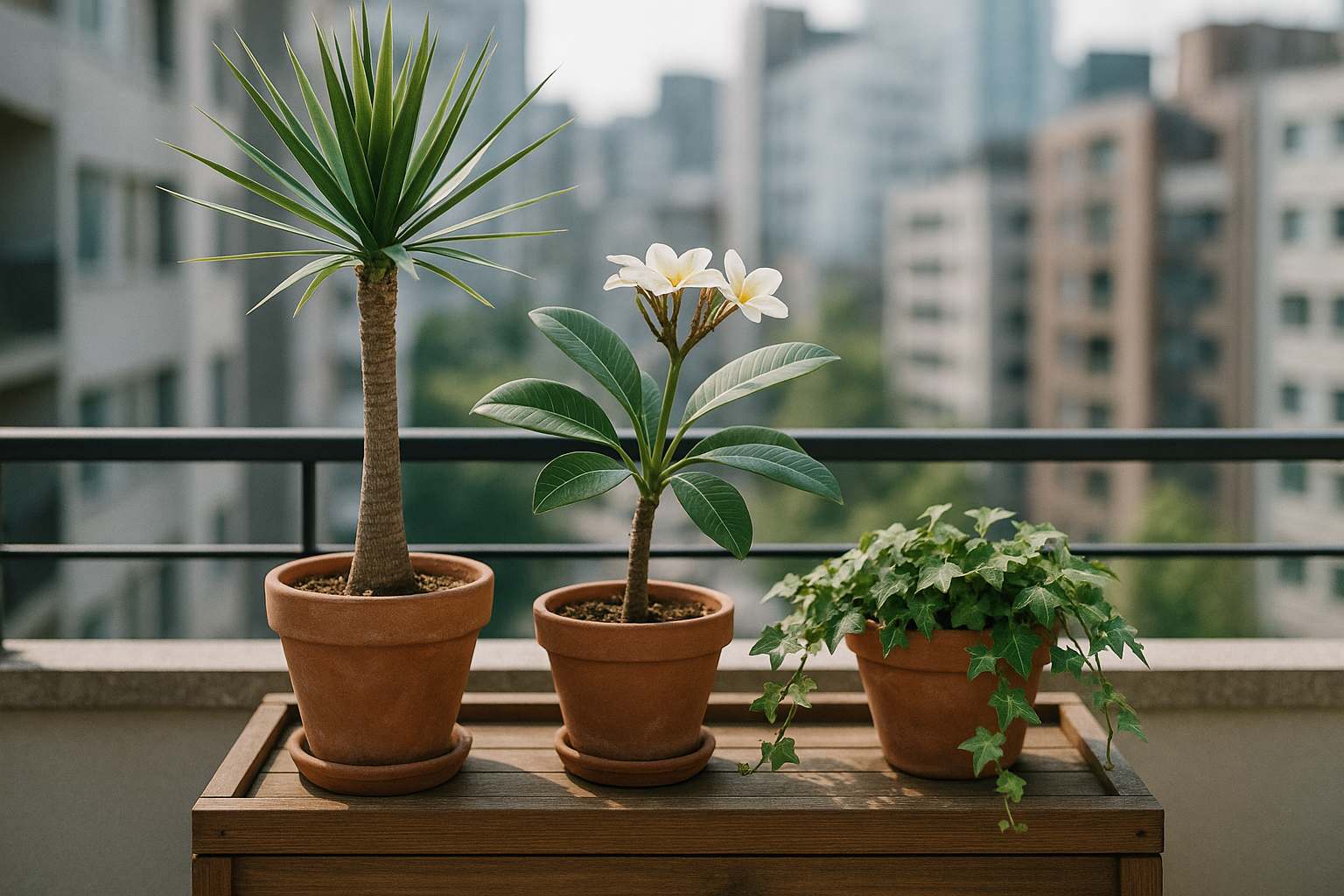 Balkon apartemen dengan deretan pot tanaman Yucca, Plumeria dan Hedera helix di atas wooden planter box