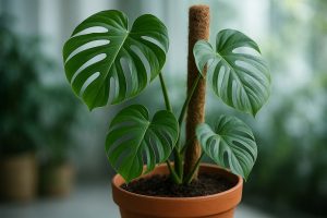 Monstera deliciosa dengan 5 daun besar berlubang sempurna di pot tanah dengan moss pole