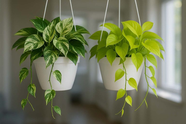 Epipremnum aureum varieties Marble Queen and Neon dalam pot gantung di sudut ruangan terang